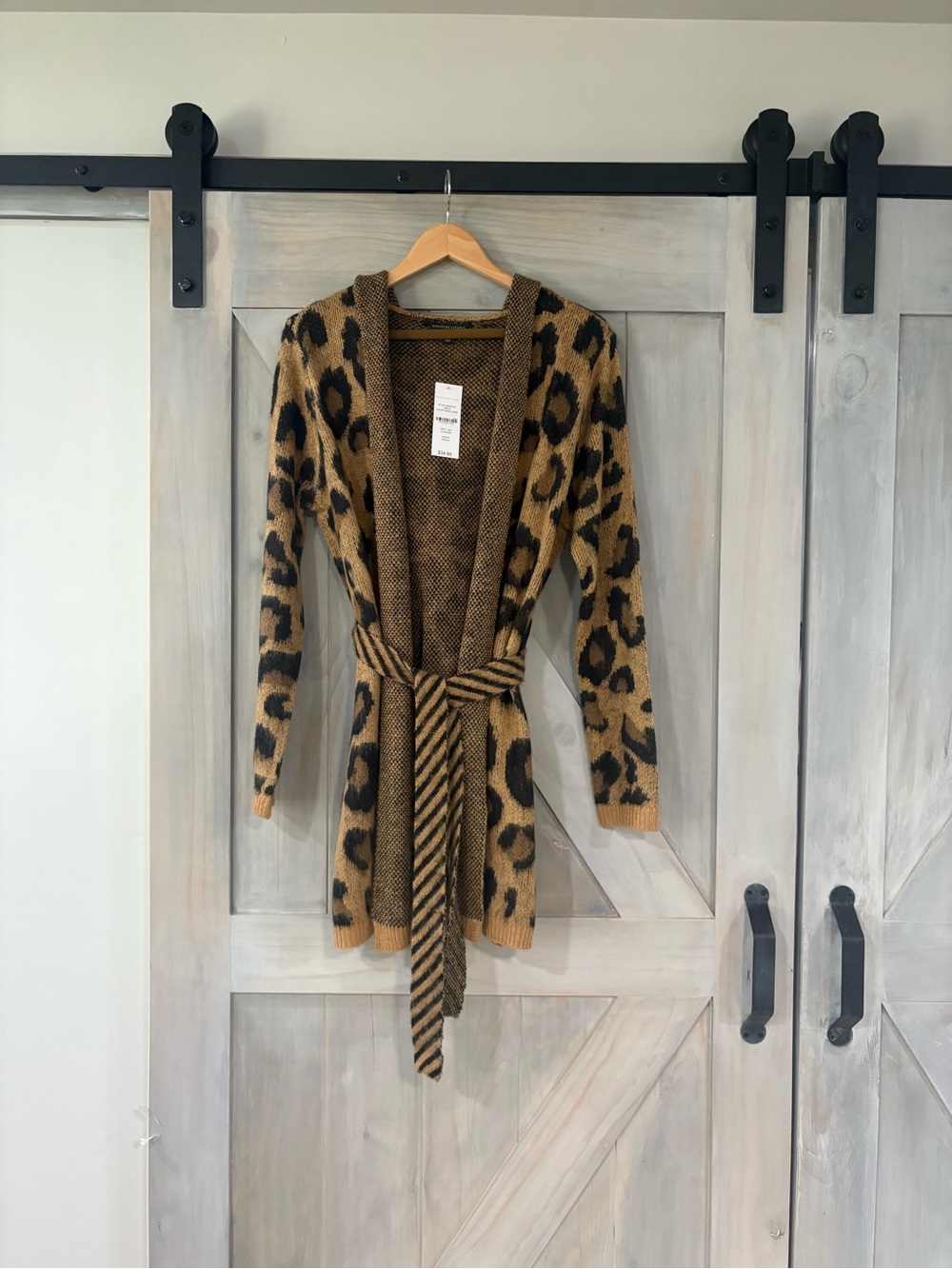 Leopard Print Hooded, Wrap-Belted Cardigan- Camel/Brown & Black